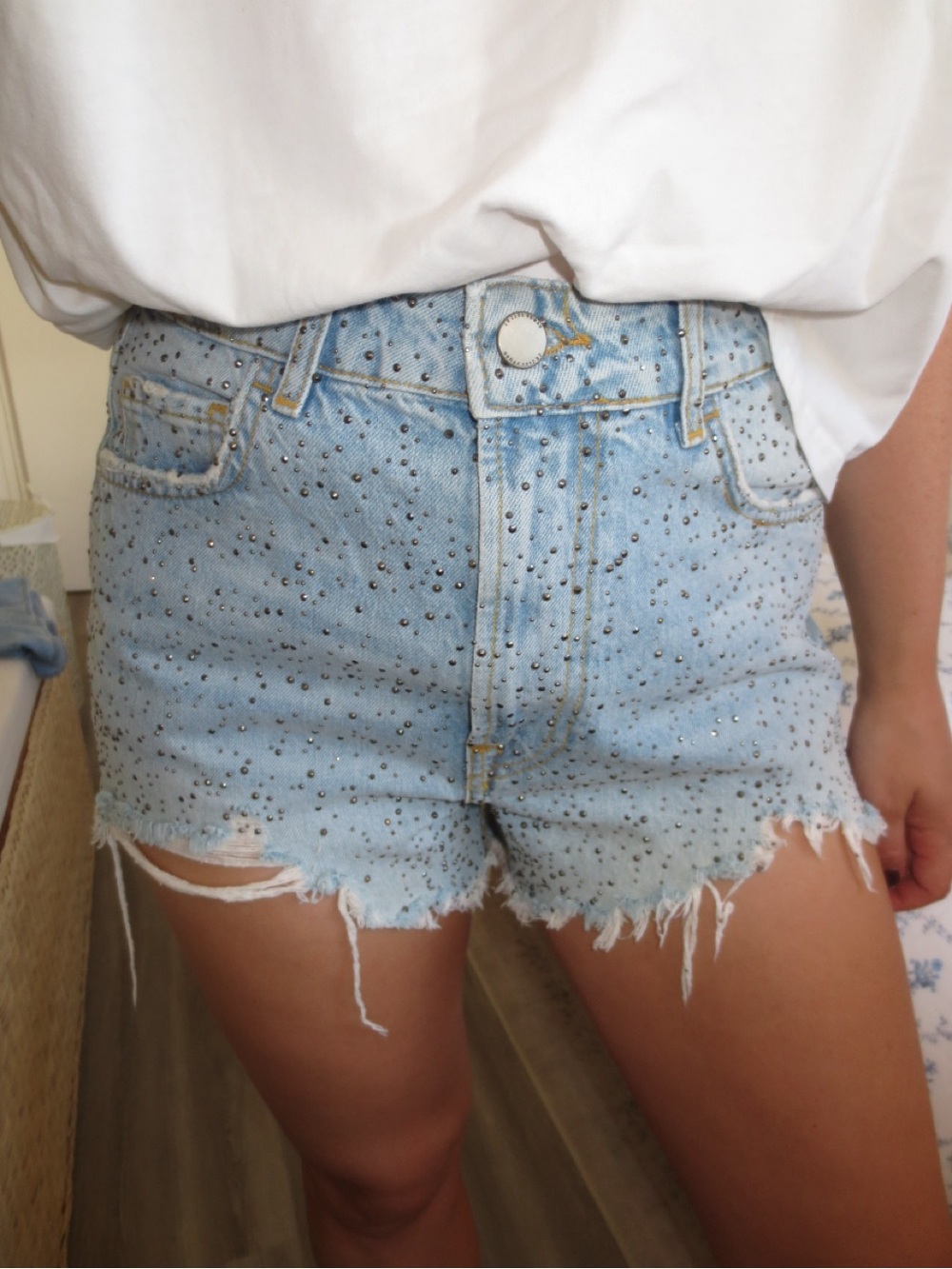 Zara Light Wash Studded Denim Cutoff Shorts